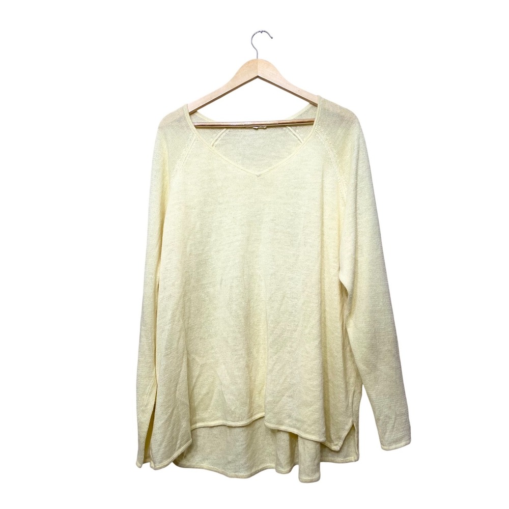 Eileen‎ Fisher Woman 100% Linen V-Neck Sweater Pale Yellow 3X Plus Size Raglan